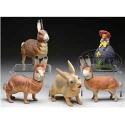 LOT OF FIVE PAPIER MACHE RABBIT CANDY CONTAINERS.