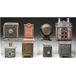GROUPING OF 7 STILL BANKS AND A NOVELTY MECHANICAL BANK.
