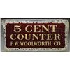 Image 1 : F.W. WOOLWORTH CO. REVERSE ON GLASS 5 CENT COUNTER SIGN.