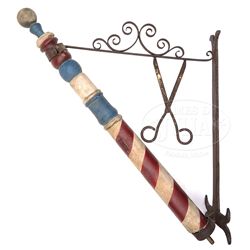 19TH CENTURY WOOD BARBER POLE AND SCISSORS BARBERSHOP TRADE SIGN.