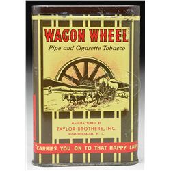 WAGON WHEEL VERTICAL POCKET TOBACCO TIN.