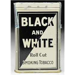 BLACK AND WHITE ROLL CUT VERTICAL POCKET TOBACCO TIN.
