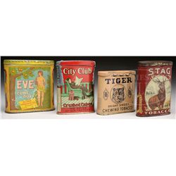 LOT OF FOUR VERTICAL POCKET TOBACCO TINS.