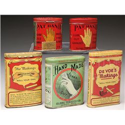 LOT OF FIVE VERTICAL POCKET TOBACCO TINS.