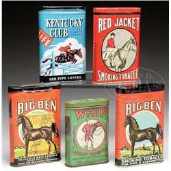 LOT OF FIVE VERTICAL POCKET TOBACCO TINS.