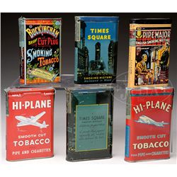 LOT OF SIX VERTICAL POCKET TOBACCO TINS.