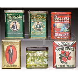 LOT OF SIX VERTICAL FLAT TOBACCO POCKET TINS.