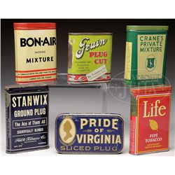 LOT OF SIX VERTICAL AND FLAT POCKET TOBACCO TINS.