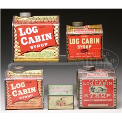 LOT OF FIVE LOG CABIN SYRUP AND NUT TINS.