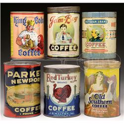 LOT OF SIX ONE POUND COFFEE TINS.