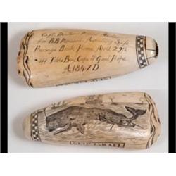 A Scrimshaw Whales Tooth 'Ship Israel', one side decorated a whaling  scene, the other inscribed...