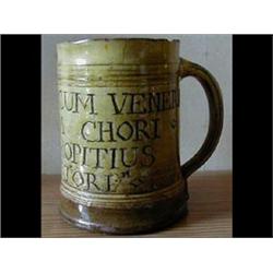 A Michael Cardew Earthenware Mug, "UT DICANT VENERINT....", St Ives  seal mark, (a.f.) 10.5cm £30...