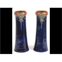 A Pair of Royal Doulton Blue glazed Stoneware Tapered Cylindrical  Vases, with floral rim decorat...