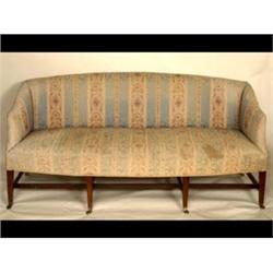 A Late 18th Century Mahogany Framed Settee, with a slightly arched  back, bow front base, on eigh...