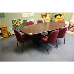 MAHOGANY BOARD ROOM TABLE, SIX CHAIRS, OAK DESK AND CONTENTS