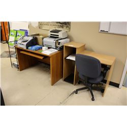 CONTENTS OF SHIPPING AREA INCLUDING: THREE WHITE BOARDS, TWO DESKS, TWO PRINTERS, HP ALL-IN-ONE,