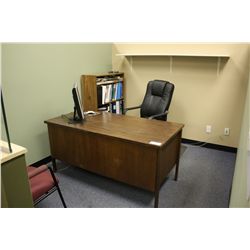 CONTENTS OF SALES OFFICE INCLUDING: DESK, CHAIR, CLIENT CHAIR, BOOKCASE, SHELF AND CONTENTS