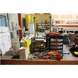 BARREL CART, ASSORTED HAND TOOLS, PARTS BINS AND SAFETY GEAR