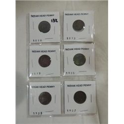 LOT 6 CIRCULATED INDIAN HEAD PENNIES: 1889, 93, 99