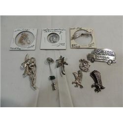 LOT 10 VINTAGE STERLING SILVER JEWELRY ITEMS: PINS