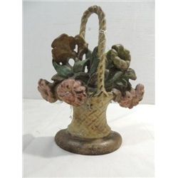 VINTAGE CAST IRON FLOWER BASKET DOOR STOP 10"H