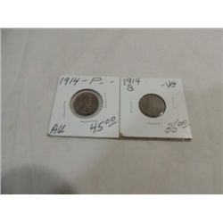 LOT 2 1914 (AU) & 14-S (VG) LINCOLN WHEAT PENNY