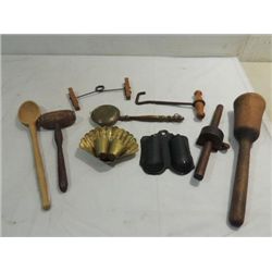 LOT 9 VINTAGE ITEMS: WOOD MASHER, MALLET, MATCH