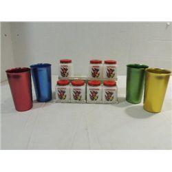 LOT 12 VINTAGE ITEMS: 7 MILK GLASS SPICE JARS, 4