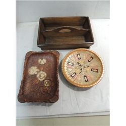 LOT 3 VINTAGE WOOD & POTTERY SERVING TRAYS