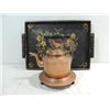 Image 1 : LOT 2 VINTAGE WOOD SERVING TRAY & COPPER TEA POT