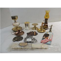 LOT 12 MIXED ITEMS: BRASS CANDLERHOLDERS, OIL LAMP