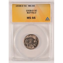 1938-D BUFFALO NICKEL, ANACS MS-66 SUPERB