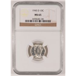 1945-D MERCURY DIME, NGC MS-65 GEM