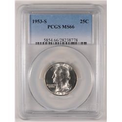 1953-S WASHINGTON  QUARTER, PCGS MS-66 SUPERB WHITE