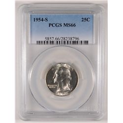 1954-S WASHINGTON QUARTER, PCGS MS-66 SUPERB WHITE