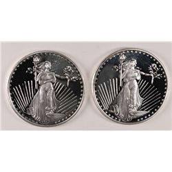 ( 2 ) ONE OUNCE .999 SILVER OLD LIBERTY REPLICA  ART  ROUNDS