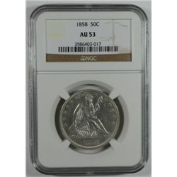 1858 SEATED HALF DOLLAR NGC AU 53