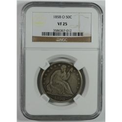 1858-O SEATED HALF DOLLAR NGC VF 25