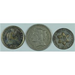 TYPE COINS: 1868 3 CENT NICKEL, FINE, 1857 HALF DIME, VF, 1852 3 CENT SILVER XF+