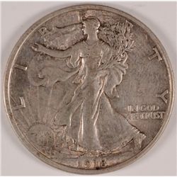 1918-D WALKING LIBERTY HALF DOLLAR,  AU-50 ORIGINAL, VERY SCARCE COIN