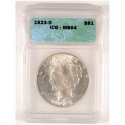 1923 D PEACE DOLLAR ICG MS64 WHITE!