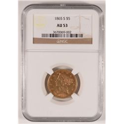 1865-S $5.00 GOLD, NGC AU-53  VERY NICE!!