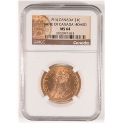 1914 $10.00 CANADIAN GOLD NGC MS-64  FROM BANK OF CANADA HOARD.