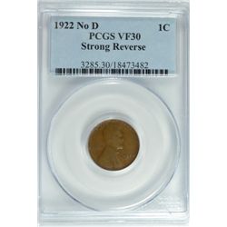 1922 NO-D LINCOLN CENT, PCGS VF/XF 30  RARE AND  SUPER NICE