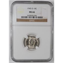 1945-D MERCURY DIME, NGC MS-66 SUPERB