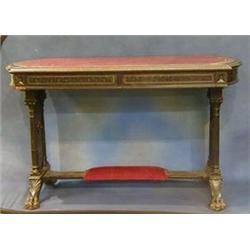 A Victorian ebonised library table with inset tooled leather writing surface, fitted 2 frieze dra...