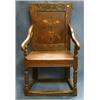 Image 1 : An 18th Century carved and inlaid oak Wainscot chair with solid seat on turned and block supports...