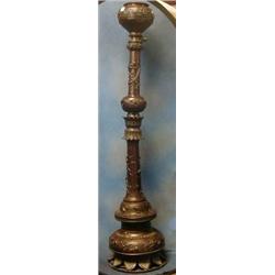 An impressive 19th Century Oriental bronze oil lamp reservoir raised on a cast bronze column, dec...