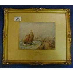 R Malcolm Lloyd, a 19th Century watercolour drawing "Calais Harbour with Sailing Ship in Full Sal...