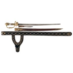 Magnificent Gold and Tortoiseshell Furnished European Hunting Sword with Sheath, Utility Knife and B